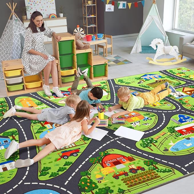 Farmyard Adventure Play Rugs, Educational and Fun Farm Play Mat for Kids, 8x10ft Non-Slip Playmat with Barns, Animals & Crops for Imaginative Play, Nursery, Playroom and Classroom