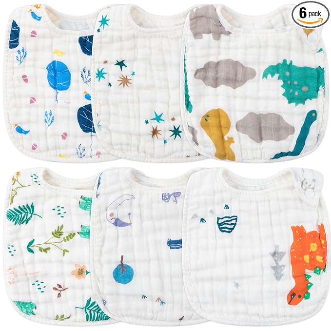 Zainpe 6Pcs Snap Muslin Cotton Baby Bibs Dinosaur Star Bear Pattern Bib, Adjustable Burp Cloths with 6 Absorbent & Soft Layers for Infants Newborns Toddlers Drooling Feeding Teething