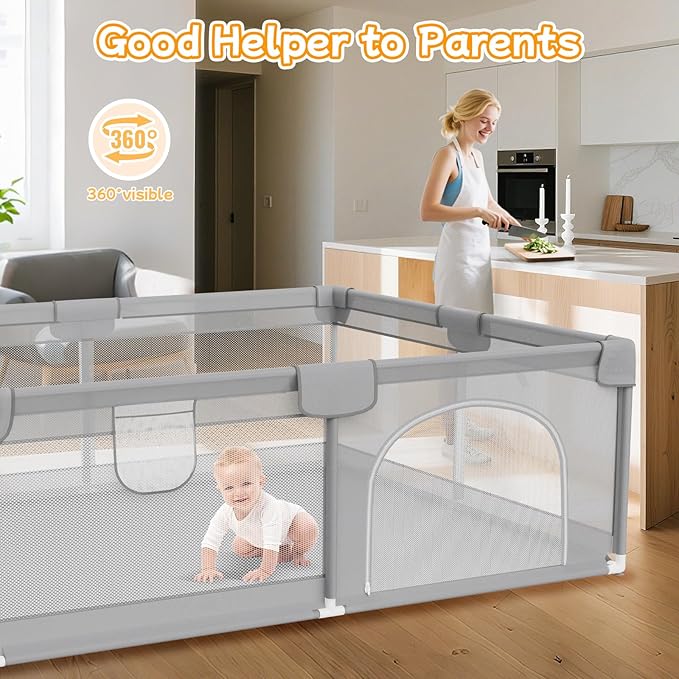 Deeteck 74"x50" Large Baby Playpen - Playpen for Babies and Toddlers with Breathable Mesh & 2 Handles - Baby Fence Playard Safety Activity Center for Indoor & Outdoor, Grey
