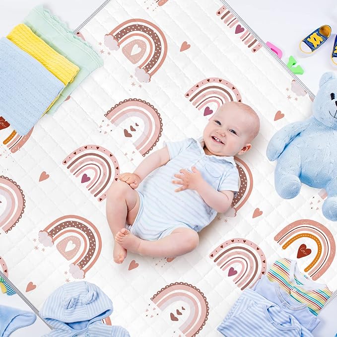 Funtery 43 x 43 Inch Boho Baby Play Mat Portable Crawling Washable Foldable Tummy Time Non Slip Baby Floor Large Playpen Mat for Infants Toddlers Floor Playpen Activity(Boho Rainbow)