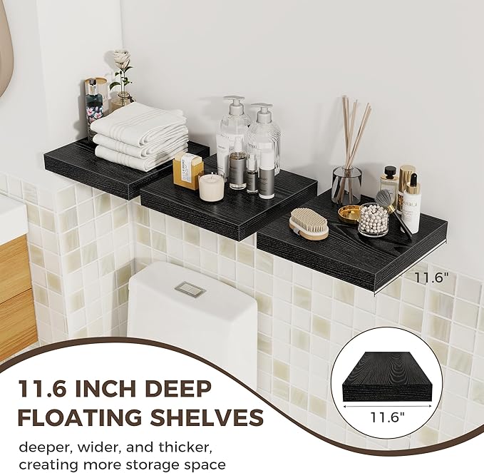 Fun Memories 12 Inch Square Floating Shelves 3 Pack - Wall Shelves with Invisible Brackets, Small Floating Shelves for Wall, Black Wood Shelves for Bathroom, Living Room, Bedroom, and Kitchen Decor