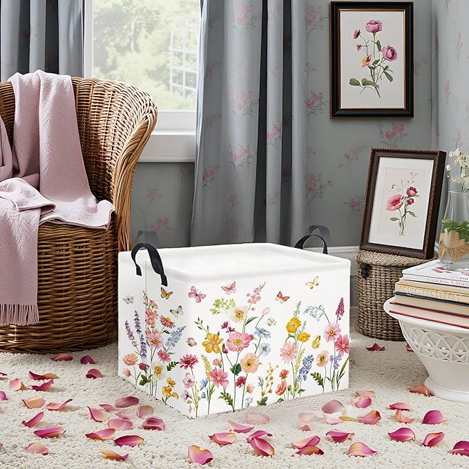 TIBAOLOVER Rectangular Baby Girls Basket Kids Baby Storage Basket Cute Storage Bin Organizer Shelf Book Flower Room Decor(Butterfly Flower)