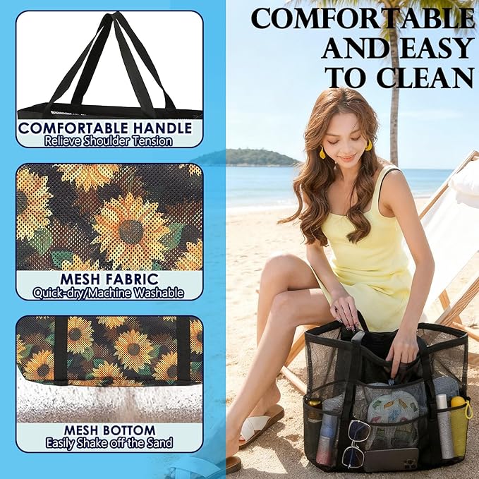 Mesh Beach Bag, Large Beach Tote with Zipper Pocket for Family Pool Bag for Toys & Vacation Essentials
