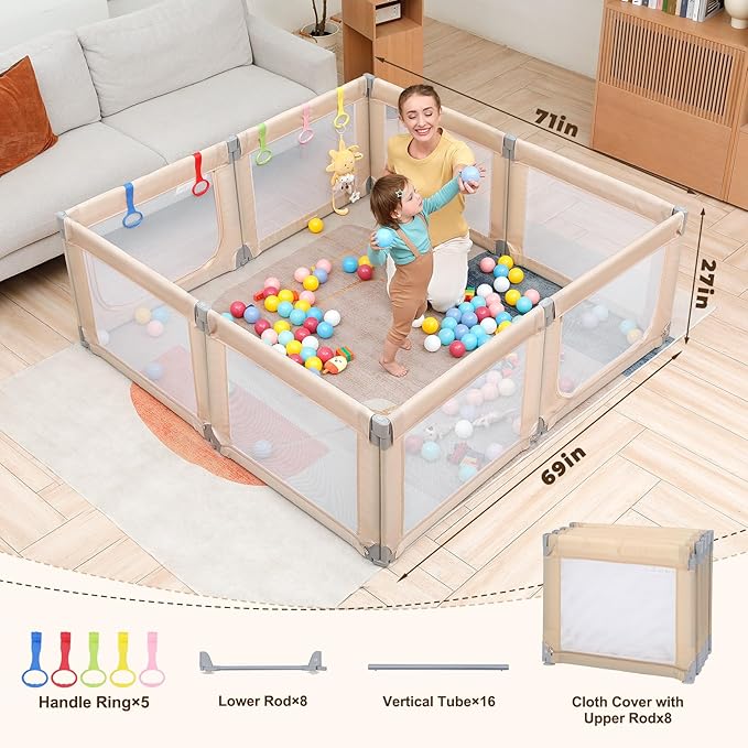 Dripex Foldable Baby Playpen, Extra Large 71"x69" Collapsible Play Pen for Babies - Indoor Outdoor Play Yard with Adjustable Shapes, Baby Fence Play Area with Visible Mesh, Beige