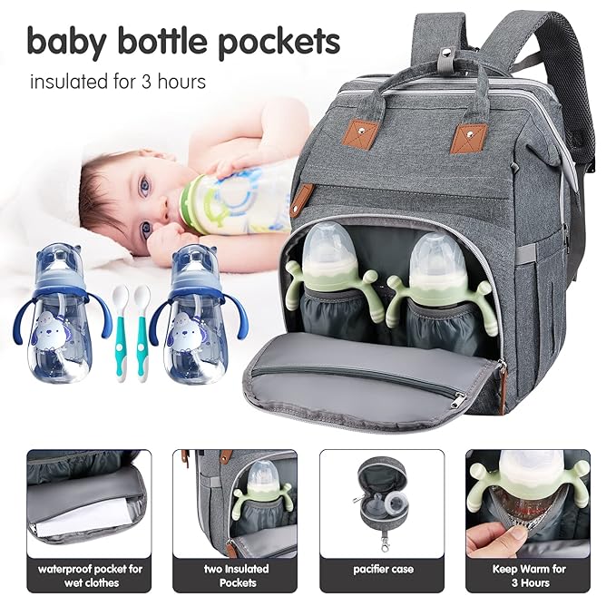 DERJUNSTAR Baby Diaper Bag Backpack with Changing Station Large Capacity Baby Bag for Boys & Girls, USB Charging Port, Pacifier Case, Sunshade & Toy Bar, Waterproof
