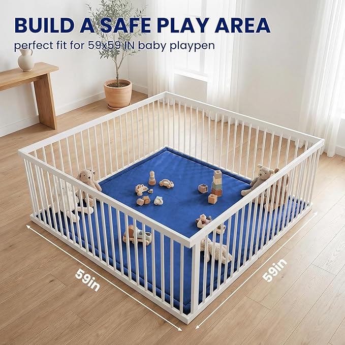 Huloo Sleep Ultra Soft Baby Play Mat for Floor, 1.3" Thick Elasti-Foam 59x59 Play Mat for Playpen,Water-Repellent Coral Velvet for Tummy Time, Non-Slip Backing,Safe for Toddlers & Infants（Dark Blue）