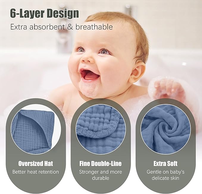Spotted Play 2 Pack Hooded Baby Towels - 100% Muslin Cotton for Newborns, Infants, Toddlers - Large 32x32 Inch Size - Highly Absorbent and Essential for Newborn Care, Light Navy