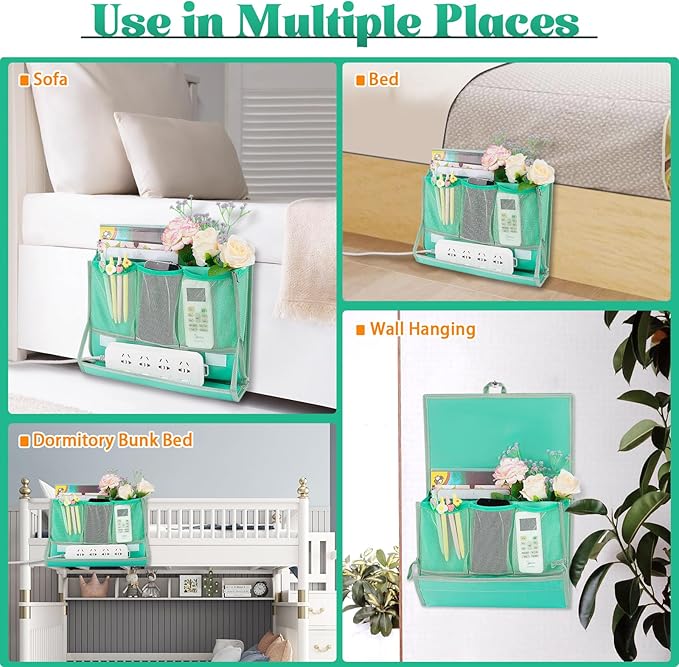 Retyion Bedside Caddy Bedside Storage Organizer Bedside Organizer with Power Strip Holder and 2 Adjustable Straps for Home Bunk Bed College Dorm Sofa (Green)