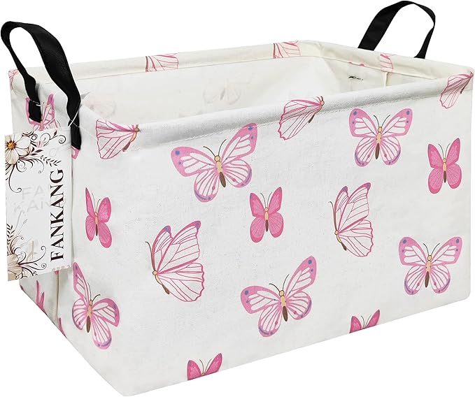 FANKANG Storage Bins, Nursery Hamper Canvas Laundry Basket Foldable with Waterproof PE Coating Large Storage Baskets for Kids Boys and Girls, Office, Bedroom, Clothes,Toys(Rec-pink butterfly ）