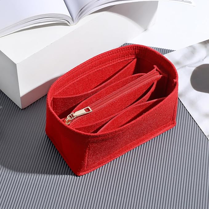 Doxo Premium Felt Purse Organizer Insert, 7 Compartments with Removable Zipper Pocket | Small Purse Organizer Fits LV Speedy 20, Noé BB, Mini Ophidia Tote, Groove 20 & More Bag Organizer Insert (Red)