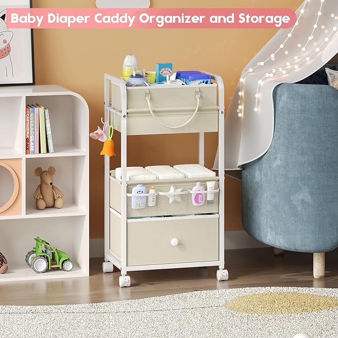 2In1 Baby Diaper Caddy Organizer and Storage, 3 Tier Rolling Cart with Drawer, Detachable Dividers, Mobile Utility Cart Baby Dresser Clothes Organizer for Crib, Bedroom, Art & Craft Storage