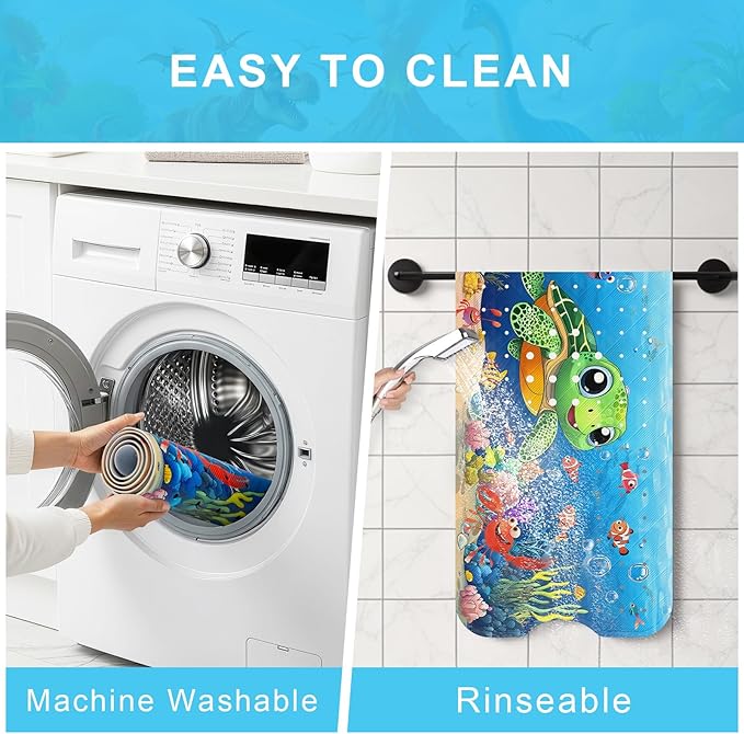Upgrade Cartoon Baby Bath Mat Non Slip - 40"x16" Extra Long Bathtub Mat for Baby Eco Friendly Durable Bath Mat for Tub Non Slip Kids Tub Mat with Suction Cups, Machine Washable and No Fading, Turtle