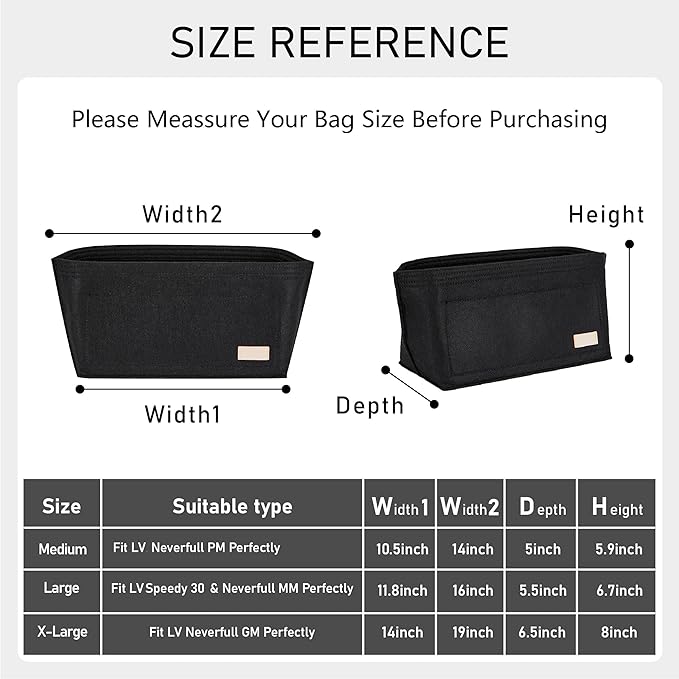 Purse Organizer Insert, Tote Bag Organizer Insert with Base Shaper,Felt Zipper Handbag Inner Dividers Compatible with Neverfull MM Speedy 30, City 33 and More,Black/L