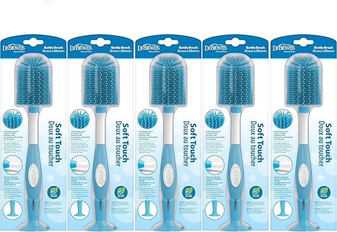Dr. Brown's Soft Touch No Scratch Baby Bottle Cleaning Brush, Nipple Cleaner & Suction Cup Base for Easy Storage, BPA Free, Blue (Pack of 5)