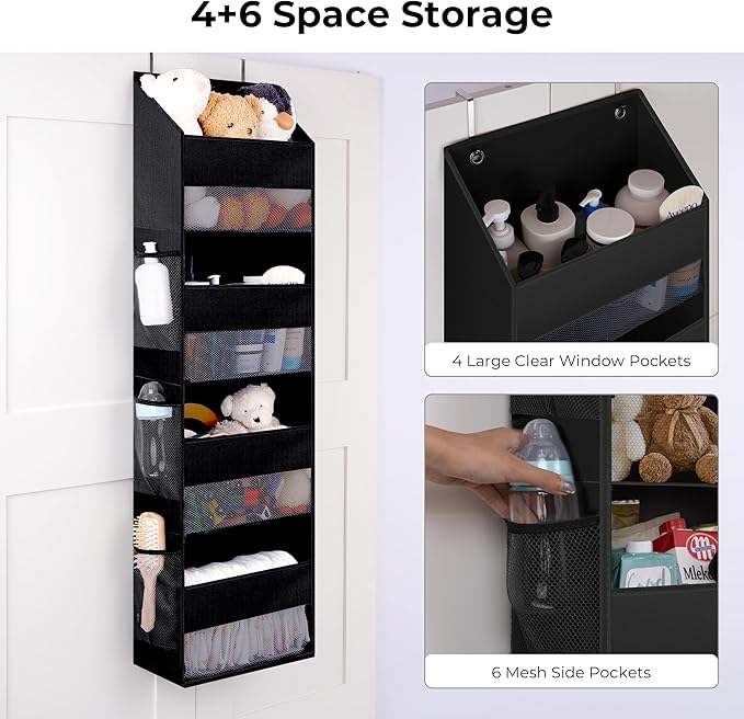 GRANNY SAYS Over The Door Organizer, 4-Shelf Waterproof Behind Door Storage with 6 Pockets and Clear Window, Anti Tilt 35lb Large Capacity Hanging Organizer for Baby Diapers, Toys Storage, Black