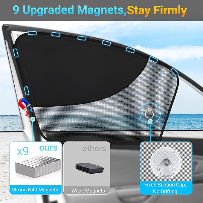 DIZA100 Front Window Sun Shade, 2 Pack Half Blackout & Half See-Through Magnetic Car Side Window Sunshades with Fixed Suction Cup, Car Window Curtain UV Protection for Driver