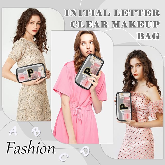 Personalized Initial Letter Clear Makeup Bag,Preppy Small Nylon&PVC Cosmetic Zipper Bag with Chenille Letter,Travel Skincare Toiletry Bag,Monogram Christmas Gift for Teen Girls Women,P