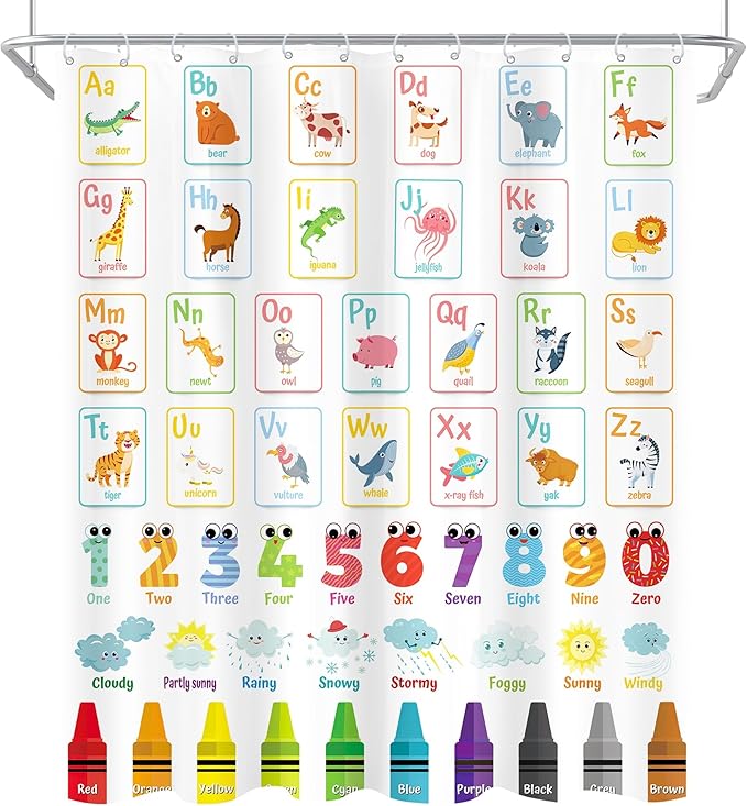 Alphabet ABC Kids Shower Curtain 72Wx72H Colorful Cartoon Children Animal Cute Educational Number Learning Bathroom Curtain Set Nursery Baby Boys Girls Fabric Bathroom Decor with 12 Hooks