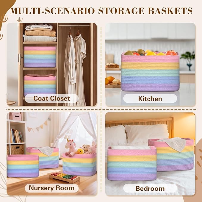 Degeyoyo Woven Storage Baskets, Rainbow Baskets for Organizing, 3 Pack Woven Basket for Storage, Storage Baskets for Shelf, Towel, Toy, Book, Closet, Baby 15"×10"×9"