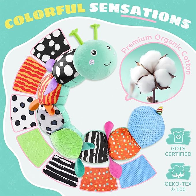 Baby Toys 6-12 Months Music Caterpillar,Stuffed Animals Infant Toys 0-3-6 Months,Baby Sensory Toys Tummy Time with Crinkle Rattle Teething Toys for Newborn Boys Girls Gifts Birthday|Ice Blue