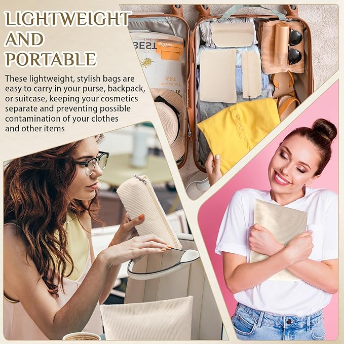 3 Pcs Makeup Bag Set for Women Corduroy Cosmetic Pouch Aesthetic Smile Travel Toiletry Bag Cute Purse Pouch Pencil Case Makeup Brushes Storage Organizer with Zipper(White,Solid Style)