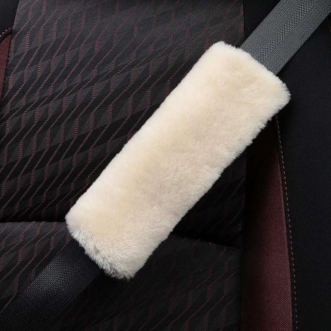 Soft Genuine Sheepskin Wool Auto Seat Belt Cover Seatbelt Shoulder Pad for a More Comfortable Driving, Compatible with All Cars(Beige)
