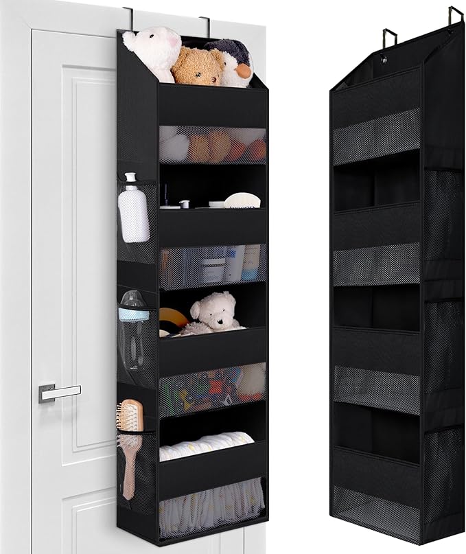 GRANNY SAYS Over The Door Organizer, 4-Shelf Waterproof Behind Door Storage with 6 Pockets and Clear Window, Anti Tilt 35lb Large Capacity Hanging Organizer for Baby Diapers, Toys Storage, Black