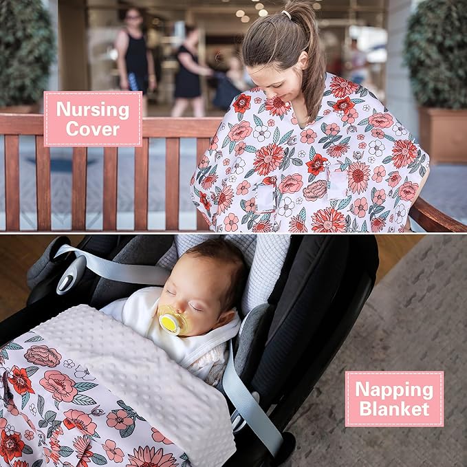 Rquite Car Seat Cover Baby, Carseat Covers Baby for Girl Boy, Warm Minky Infant Car Seat Cover Winter, Peekaboo Opening Car Seat Canopy, Multi-use Baby Carrier, Stroller, Nursing Cover, Minky Blanket