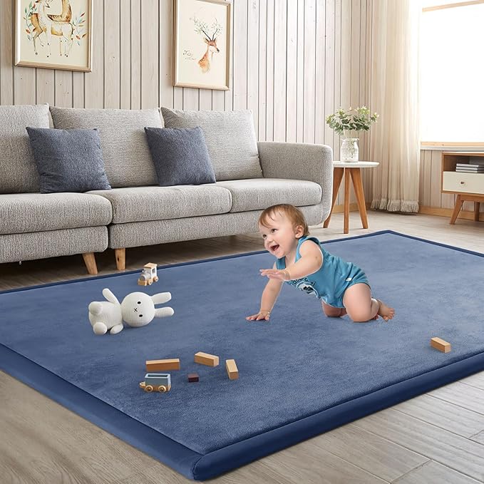 Baby Play Mat for Floor Nursery Rug Muscle Mat Area Rug Playroom Rug 79"x138" Playpen Mat Memory Foam 1.3" Thick Crawling Mat for Babies,Toddlers, Infants, Kids,Sapphire Blue