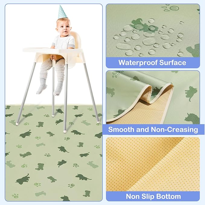 Basumee Splat Mat High Chair Mat Waterproof Baby Play Splat Mat for Under High Chair Food Catcher Highchair Mat for Floor Non Slip Bottom, Light Green Dinosaur, 46x42 Inches