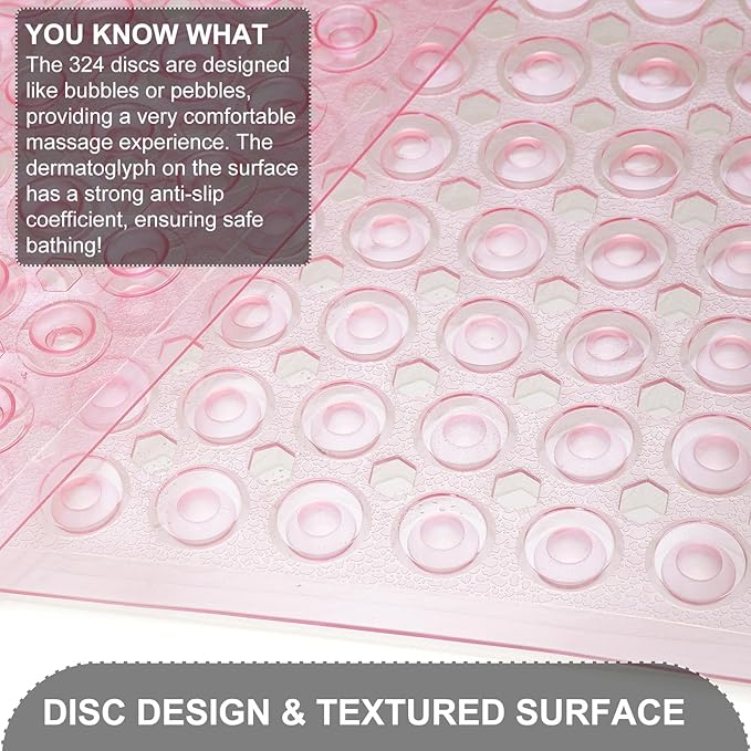 TEESHLY Bath Mat for Tub & Shower, Non Slip Soft Bathmat with Suction Cups & Drain Holes, Machine Washable Bathtub Floor Liner Mats for Bathroom, 35x16 Inch, Clear Pink