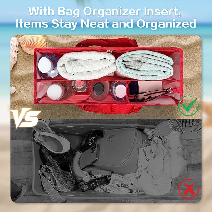 XYFuuee Beach Bag Organizer Inserts for Baby Medium Bogg Bag Accessories with 8 Removable Metal Fasteners, Lightweight Mesh Insert Divider Pouch, Organizing Rubber Tote, Save Storage Space, Red M