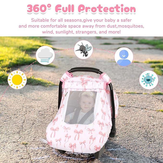 Baby Car Seat Cover, Windproof Carseat Cover for Infant Girls, Infant Warm Carseat Canopy with Double Layer Fabric for Winter, Compatible with Most Baby Car Seat, Bow