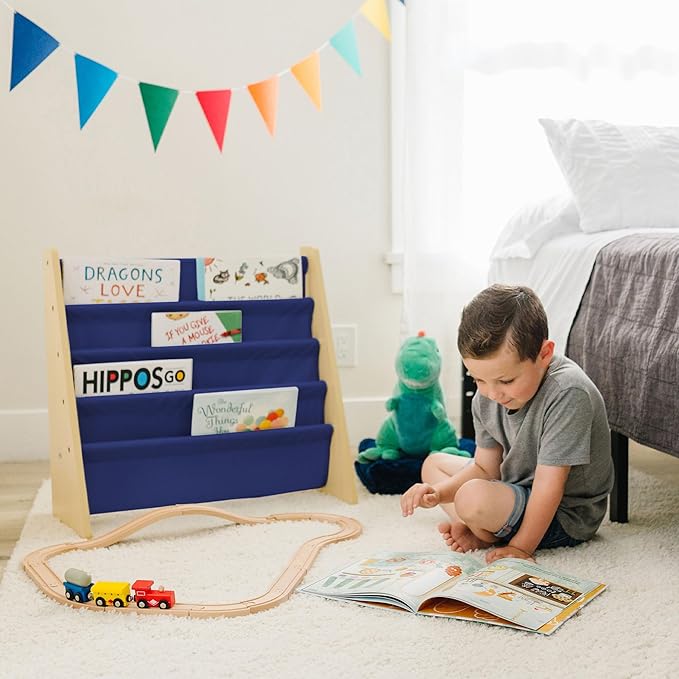 Wildkin Wooden Sling Bookshelf for Kids – Premium Canvas Design with 4 Fabric Shelves, Organizer for Home or Classroom - Natural w/Dark Blue