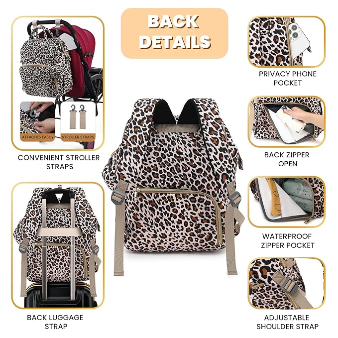 ROSEGIN Diaper Bag Backpack with Changing Pad, Pacifier Case, Baby Bag for Boy Girl Toddler - Large, Stylish, Waterproof Travel Quilted Diaper Bag for Mom - Baby Shower - Cheetah