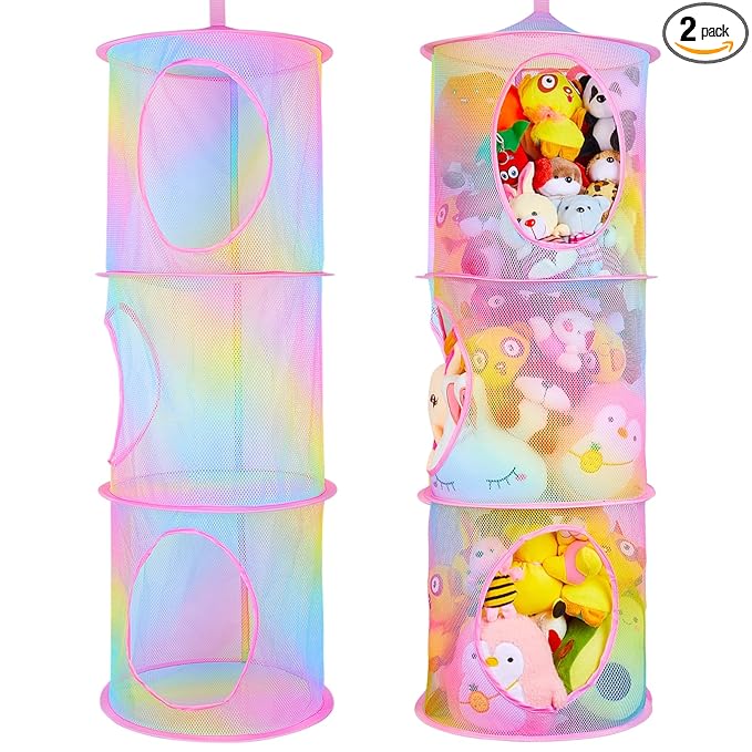 Basumee Stuffed Animals Net or Hammock 2 Pcs Stuffed Animals Storage Toy Net Hammock for Plushies Storage Organizer Mesh Kids Girls Room Decor, Rainbow, 3 Tiers