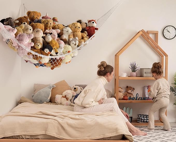 Stuffed Animal Storage Hammock Net Corner - Large Toy Hammock Net for Stuffed Animals Room Decor - Cute Stuff Animal Organizer Holder for Plush Plushie - Kids Baby Nursery Wall Bedroom Home Decor