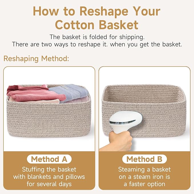 3-Pack Storage Baskets for Organizing | Woven Shelf Toy Basket | Rope Baskets for Gifts Empty | Closet Organizer Bins with Handles | Cube Decorative Box | 13.7×7.1×6.7” | Orange