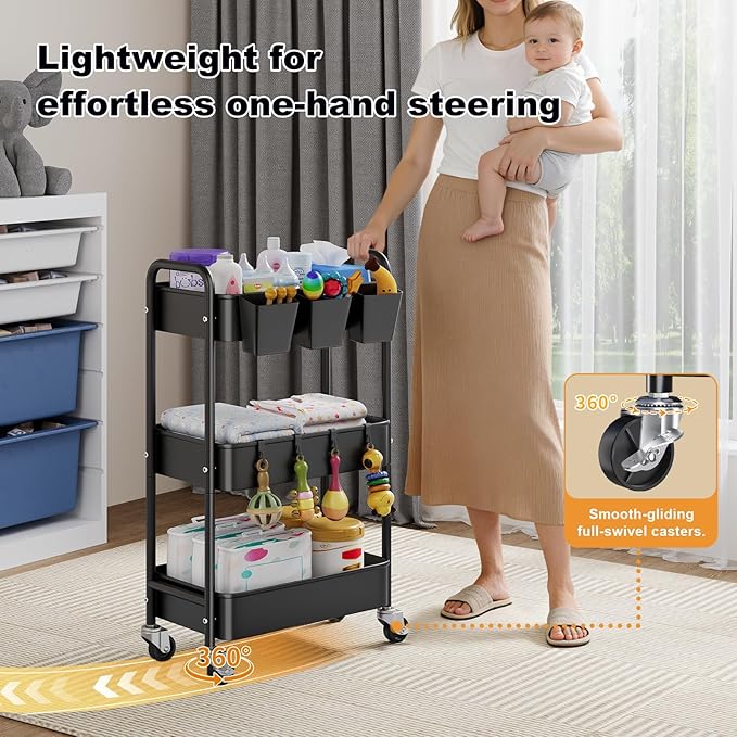Baby Diaper Caddy Organizer and Storage, 3 Tier Rolling Cart with Wheels for Newborn Nursery Essentials, Baby Organizers for Changing Table, Crib, Bedroom, Movable Bedside Organizatio (Black)