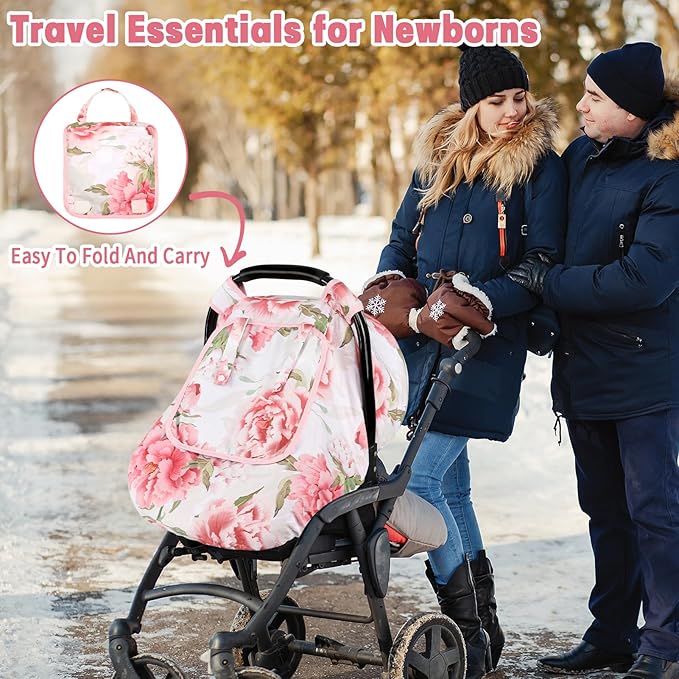 Car Seat Cover Baby, HNHUAMING Infant Car Seat Covers Canopy for Baby Girl Boy, Cozy & Windproof Newborn Carseat Covers Mink Dot Backing Stroller Cover with Breathable Mesh Window, Pink Flower