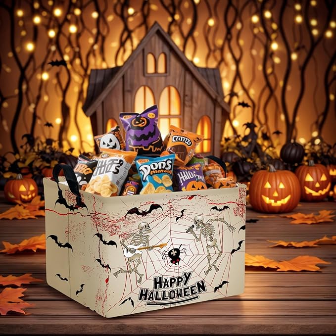 ASKETAM Halloween Basket Gift Terror Ghost Parties Decor Kid Trick or Treat Basket for Boys and Girls Rectangular Storage Bin Box (Skeleton Bat)