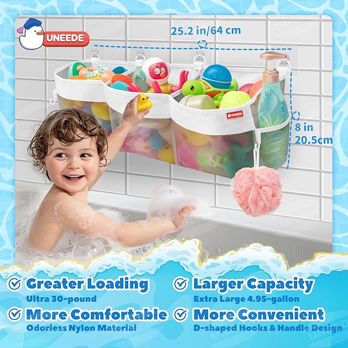 UNEEDE 4.95 Gallons 3 Compartment Horizontal Bath Toy Storage,Bathtub Toy Storage Organizer,Bath Toy Holder For Bathtub,Baby Bath Toy Organizer For Tub,Mesh Shower Caddy(Gray)