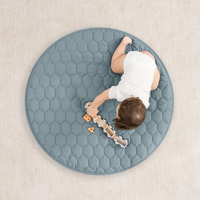 Comfy Cubs Round Kids Play Mat -Small 36 inches Soft Quilted Baby Floor Mat with Non-Slip Bottom - Plush Design for Toddlers' Playtime - Comfortable and Durable - Pacific Blue