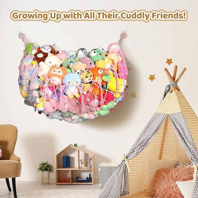 YECAYE Stuffed Animal Net, Room Decor Stuffed Animal Hammock, Upgraded 60 Inch for All Plush Dolls Organizer, Plushies Storage with Fully Handwoven Tassel, Fairy Pink (1 pack) Mesh Bags