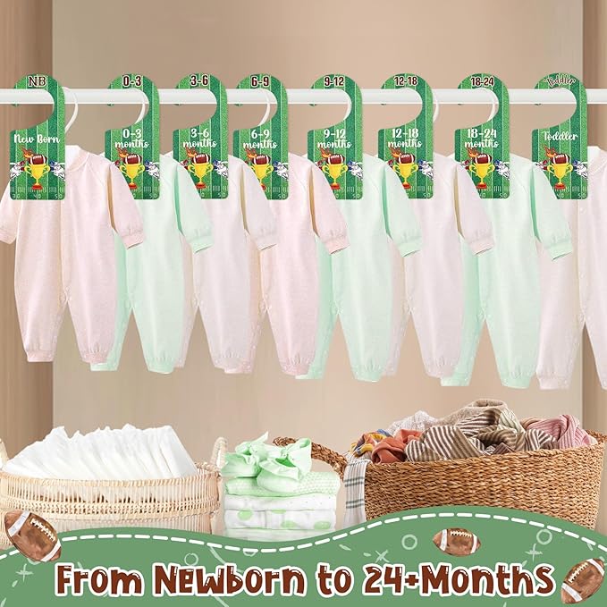 Baby Closet Dividers 8PCS, Football Theme Wooden Double-Sided Clothes Size Hanger Organizer from Newborn to Toddler for Nursery Decor Baby Shower Birthday Gift