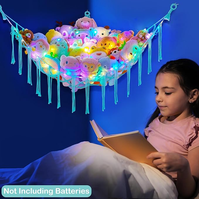 Basumee Stuffed Animals Net or Hammock with LED Light, Hanging Stuffed Animals Storage Toy Hammock Net Corner Wall Girls Room Decor Toy Storage Organizer, Light Aqua Green, L