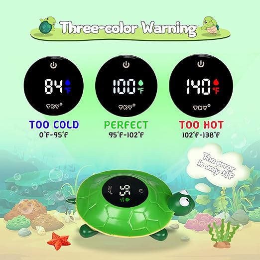 Baby Bath Thermometer with LED Display-Rechargeable Water&Room Temperature Monitor, Floating Toy with Temp Alert, Waterproof for Newborns, Nurseries - Must Have Bath Essentials (Green Tortoise)