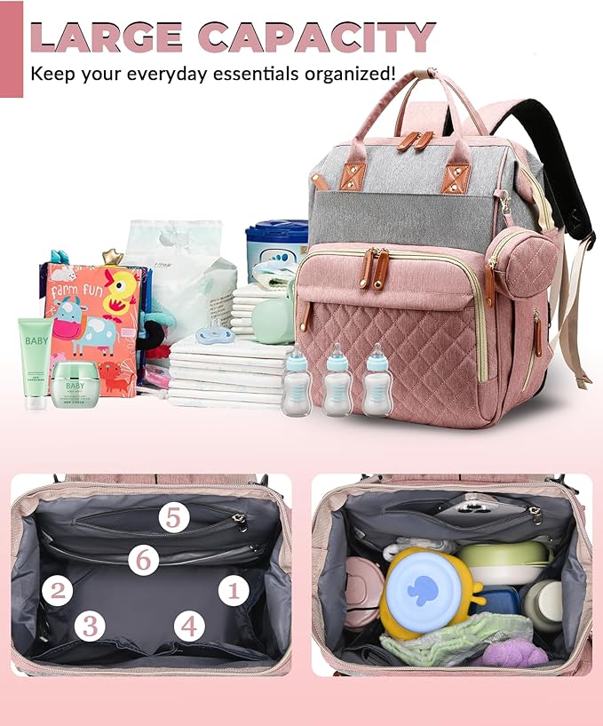 Lamroro Diaper Bag with Changing Station, Waterproof 3 in 1 Baby Diaper Backpack with Foldable Changing Pad, Pink-Grey
