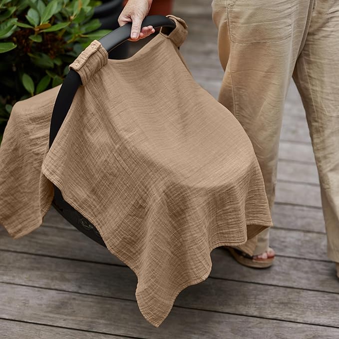 Car Seat Cover Baby - Organic Muslin Cotton - Carseat Canopy - 43" x 32" 2-Pack (Sage Green/Natural)