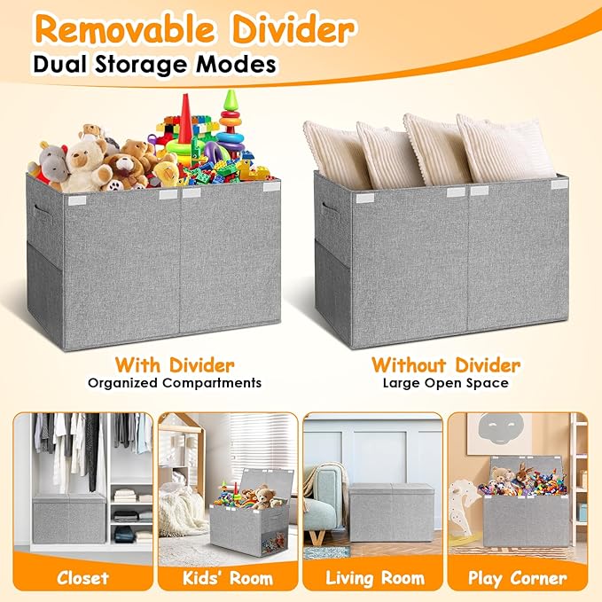 Fineonly Large Toy Storage Box with Lid Upgraded Toy Chest Organizer with Removable PP Divider Foldable Toy Bin for Kids Boys Girls Linen Fabric Toy Box for Playroom Nursery Bedroom (25"x13"x16")